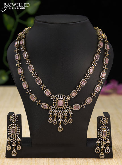 Necklace double layer with baby pink & cz stones and hangings in victorian finish