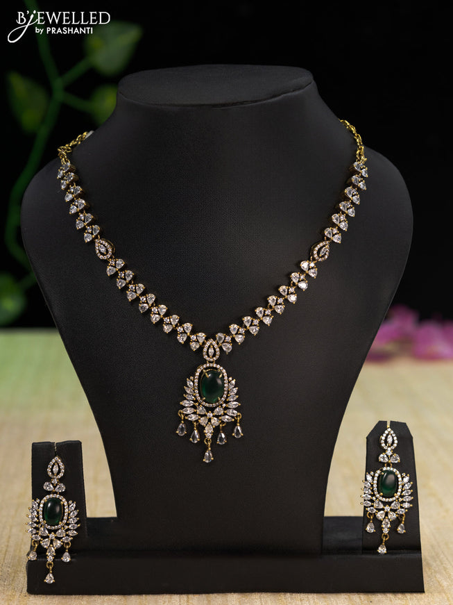 Necklace with emerald & cz stones and hangings in victorian finish