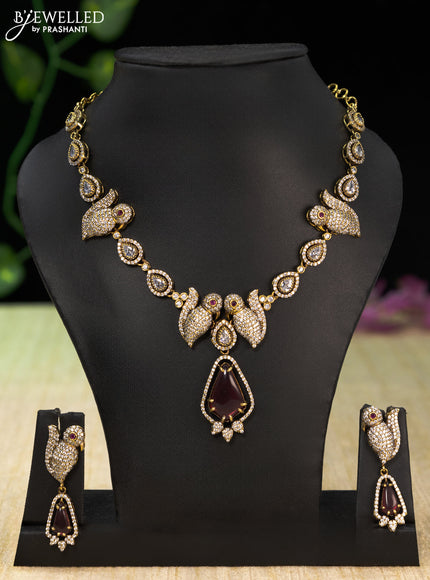 Necklace parrot design with ruby and cz stones in victorian finish