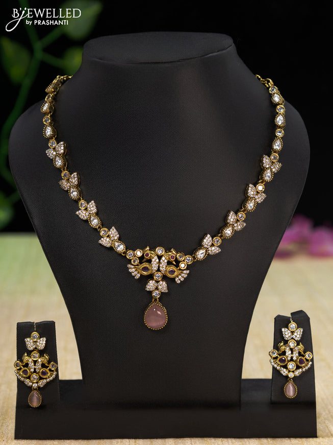 Necklace with baby pink & ruby and cz stones in victorian finish