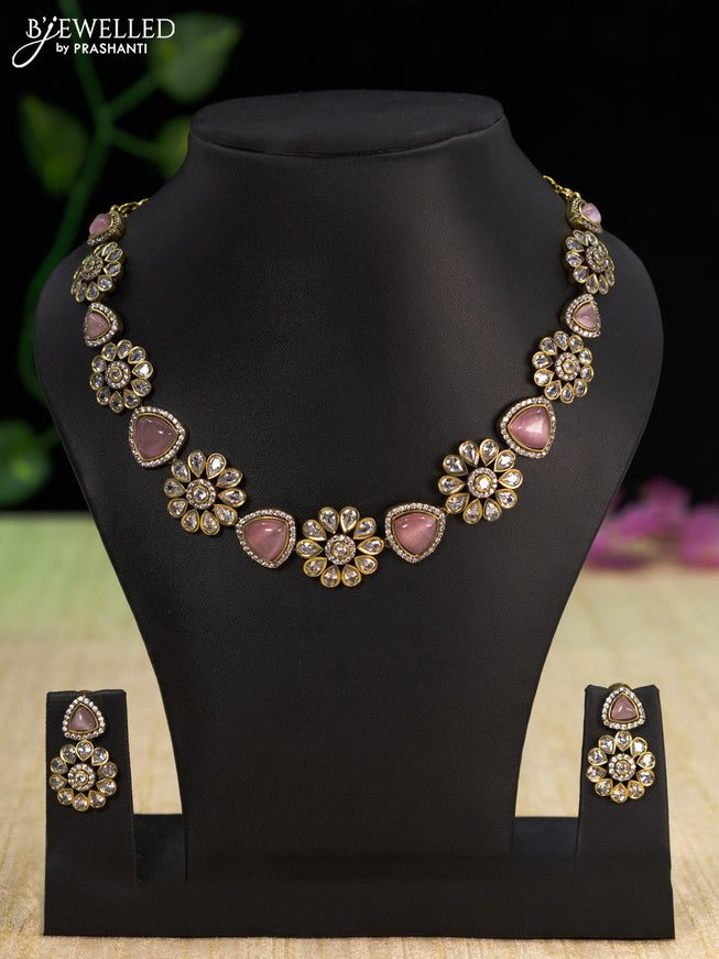 Necklace with baby pink and cz stones in victorian finish