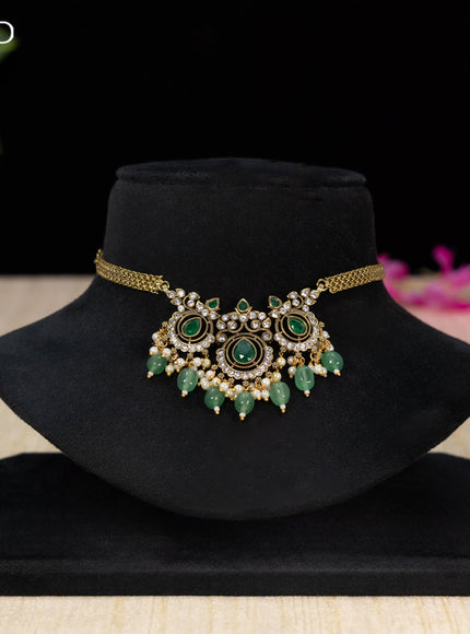 Choker with emerald & cz stones and beads hangings in victorian finish