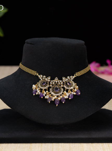 Choker with violet & cz stones and beads hangings in victorian finish