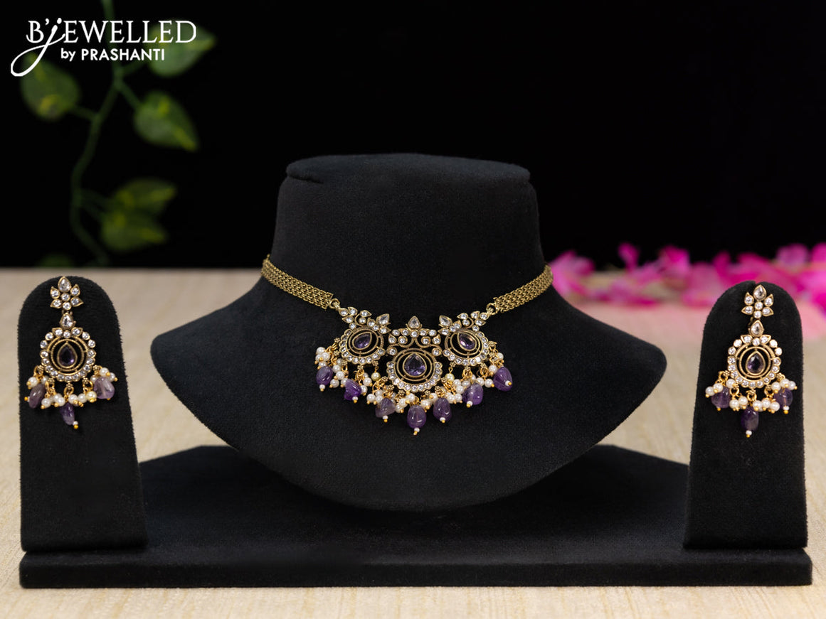 Choker with violet & cz stones and beads hangings in victorian finish