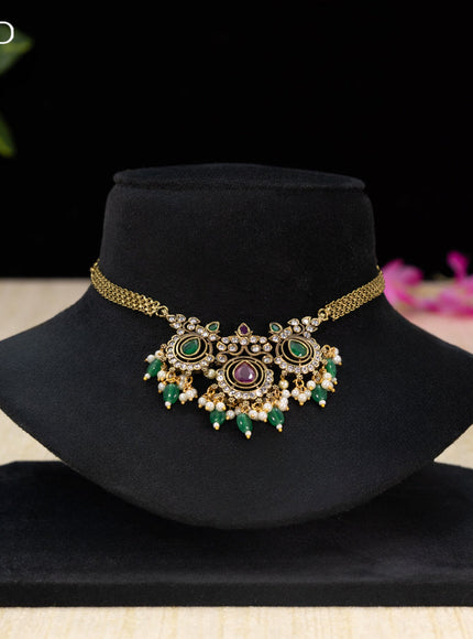 Choker with kemp & cz stones and green beads hangings in victorian finish