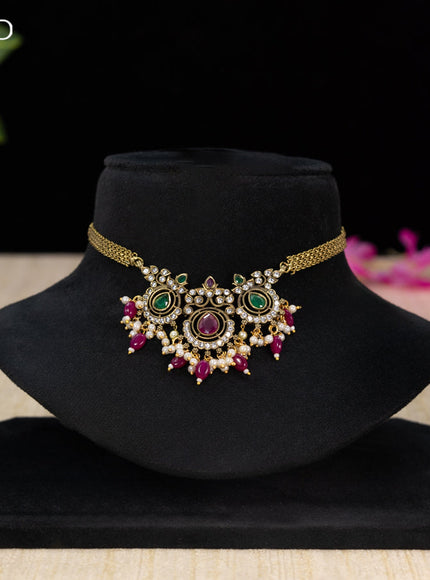 Choker with kemp & cz stones and pink beads hangings in victorian finish