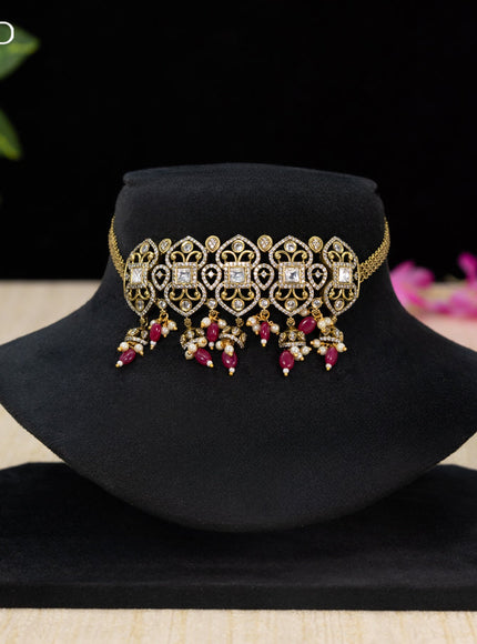 Choker with cz stones and pink beads hangings in victorian finish