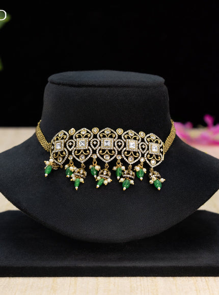 Choker with cz stones and green beads hangings in victorian finish