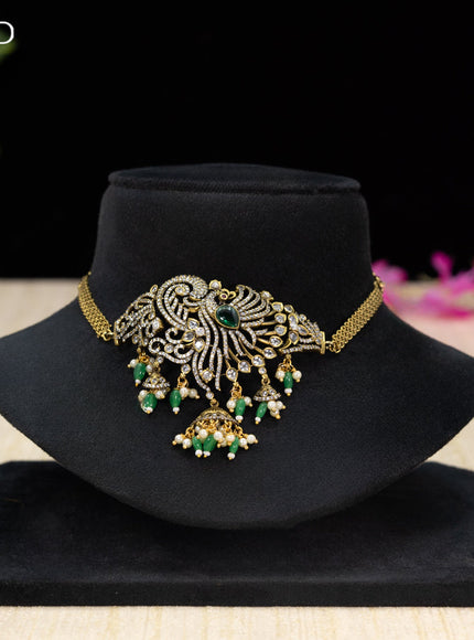 Choker peacock design with emerald & cz stones and beads hangings in victorian finish