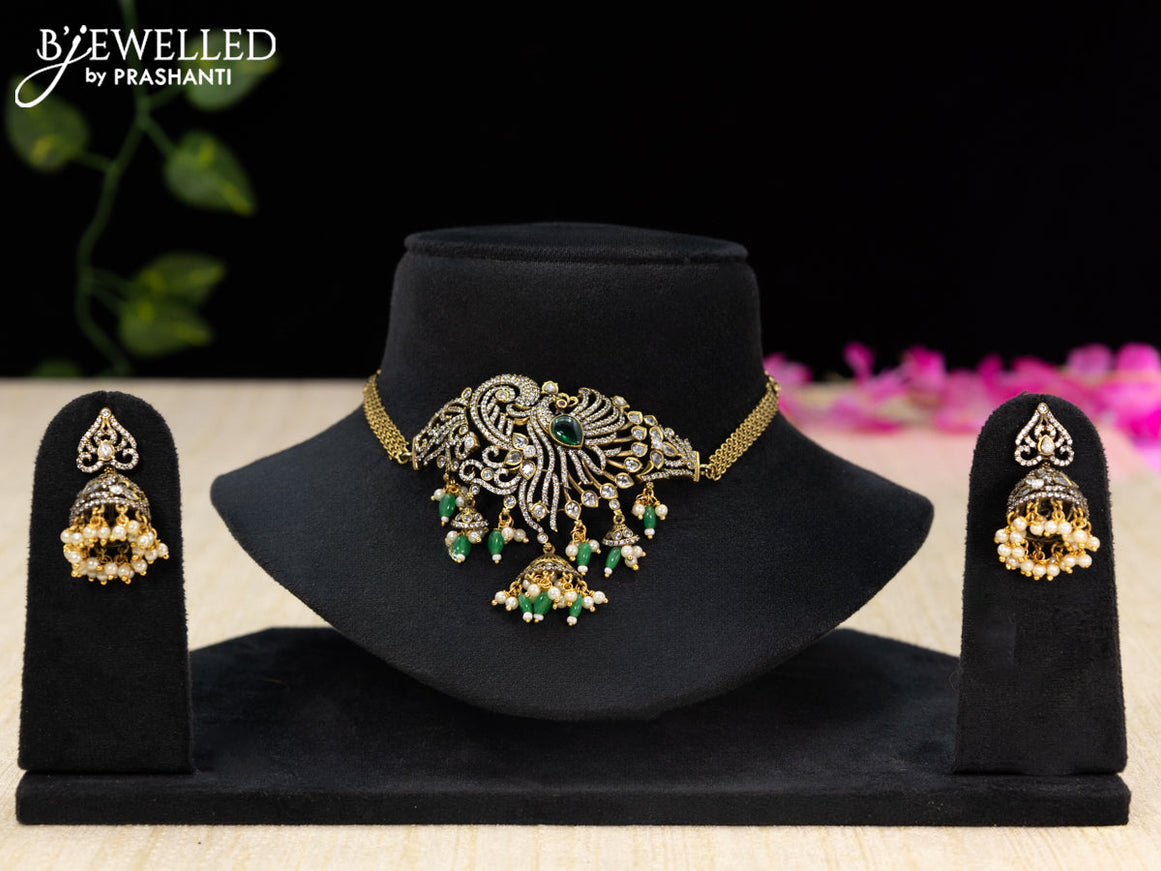 Choker peacock design with emerald & cz stones and beads hangings in victorian finish