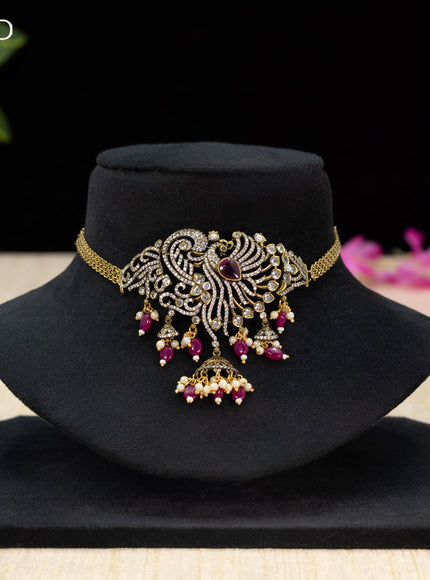 Choker peacock design with ruby & cz stones and beads hangings in victorian finish