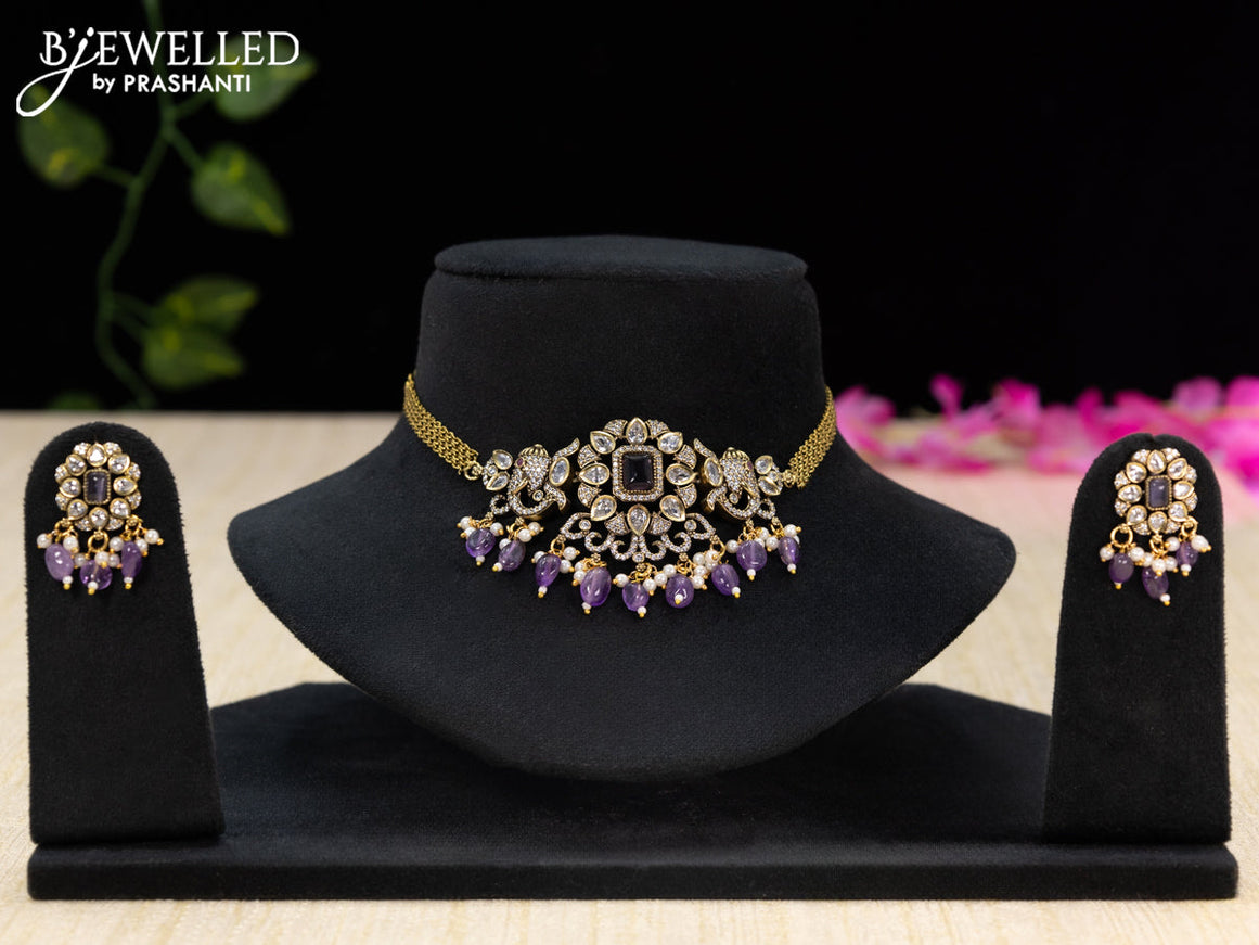 Choker with violet & cz stones and beads hangings in victorian finish