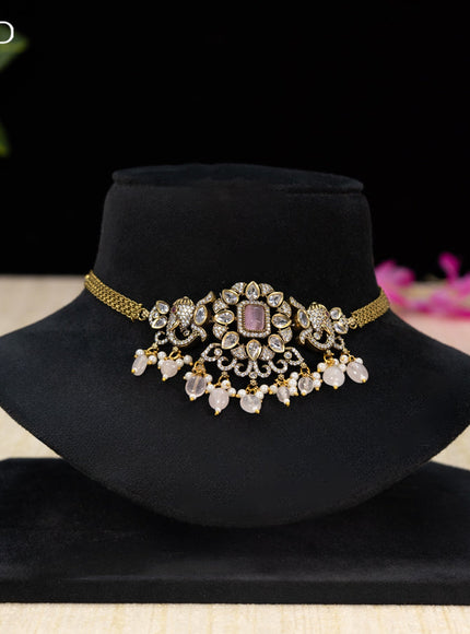 Choker with baby pink & cz stones and beads hangings in victorian finish