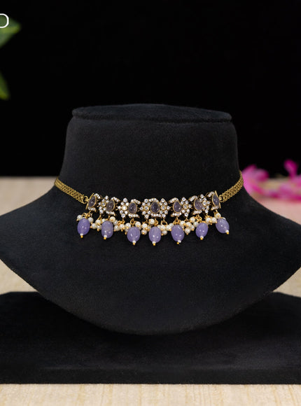 Choker with violet & cz stones and beads hangings in victorian finish