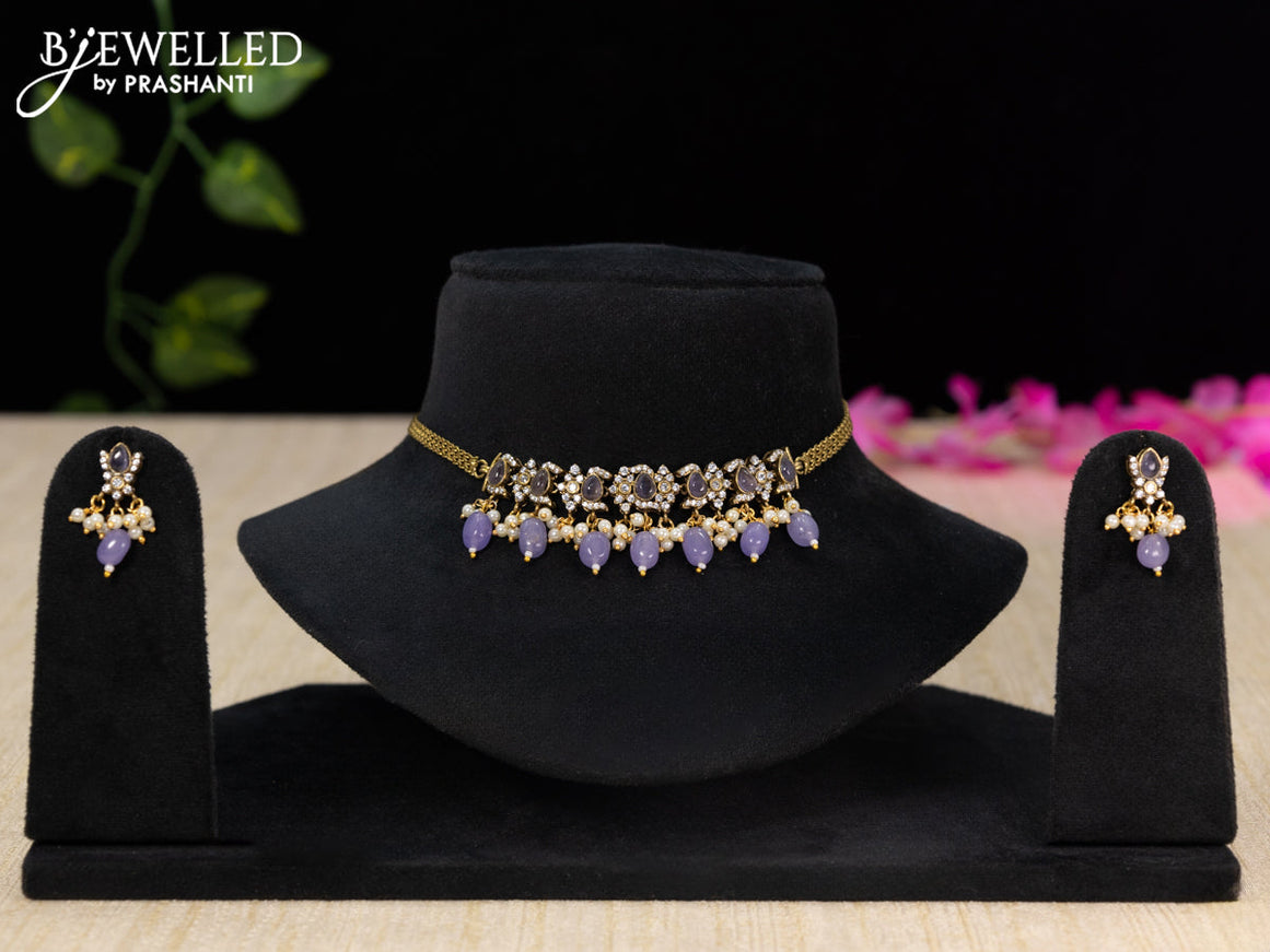 Choker with violet & cz stones and beads hangings in victorian finish