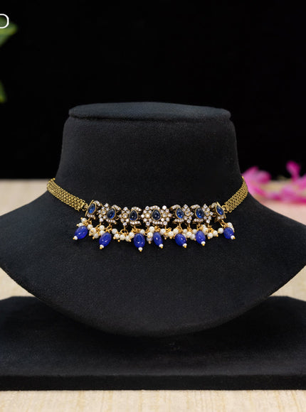 Choker with sapphire & cz stones and beads hangings in victorian finish