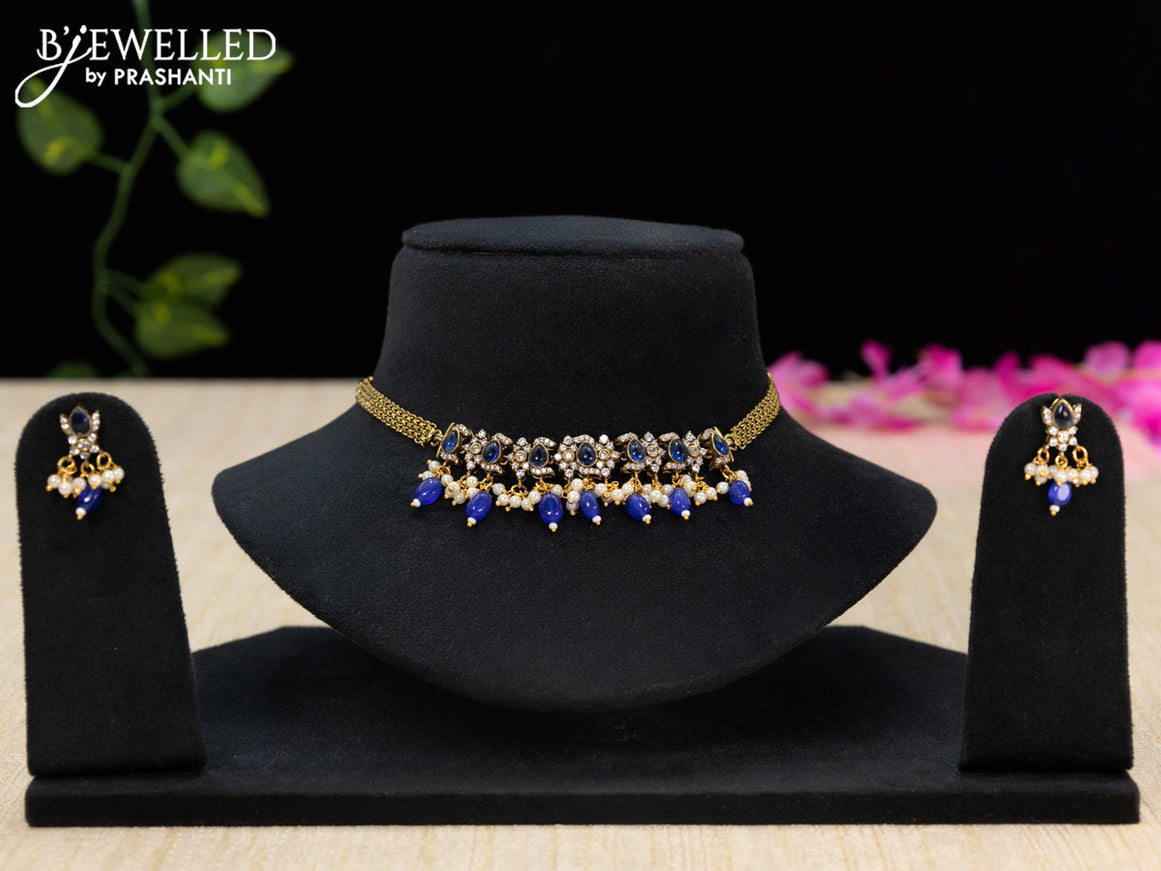 Choker with sapphire & cz stones and beads hangings in victorian finish