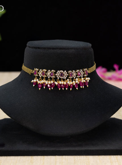 Choker with ruby & cz stones and beads hangings in victorian finish