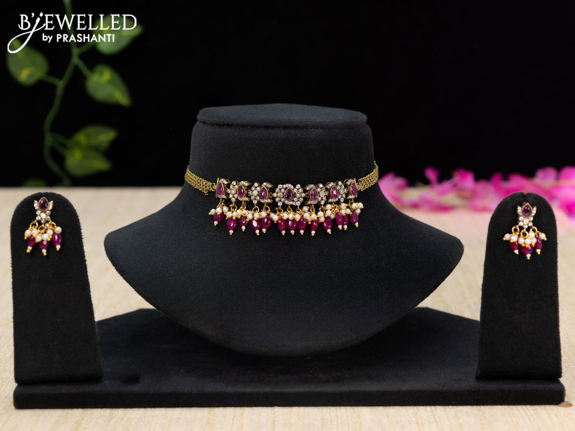 Choker with ruby & cz stones and beads hangings in victorian finish