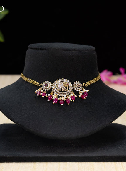 Choker elephant design with ruby & cz stones and pink beads hangings in victorian finish