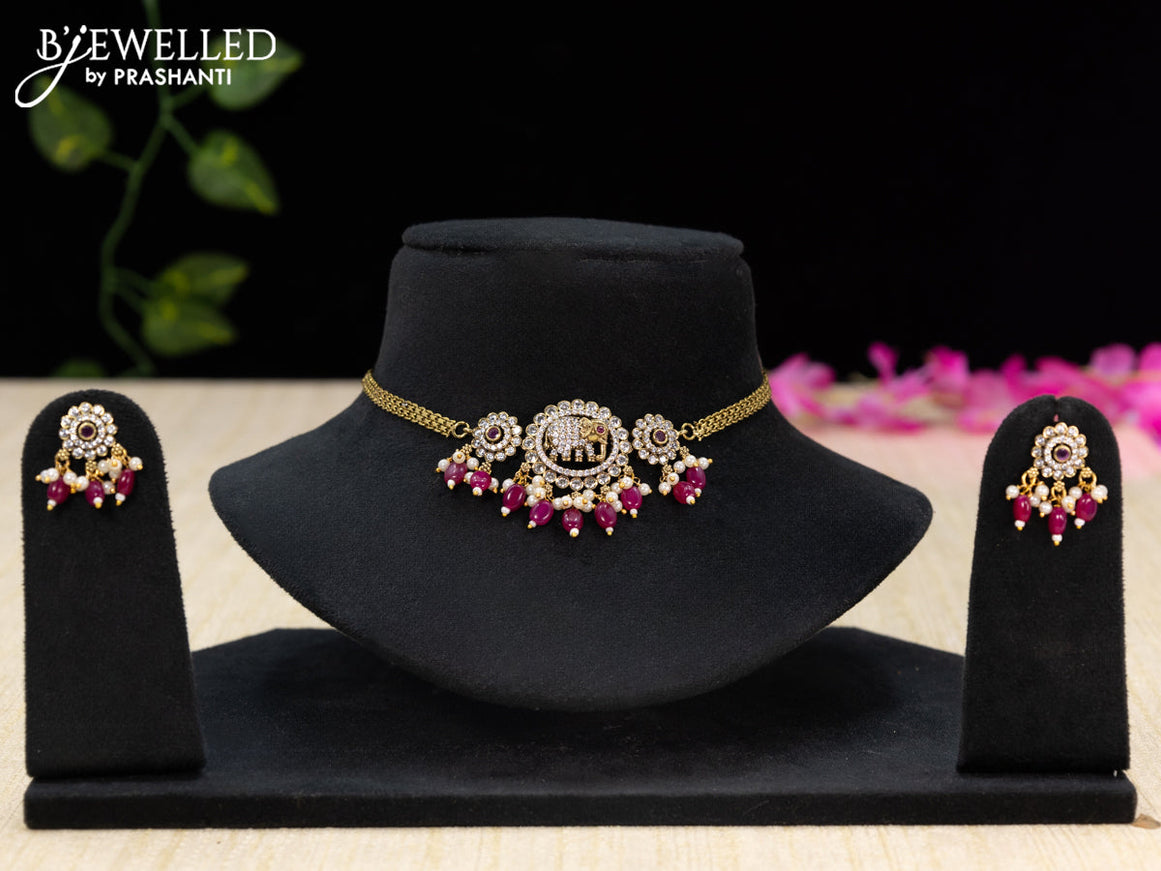 Choker elephant design with ruby & cz stones and pink beads hangings in victorian finish