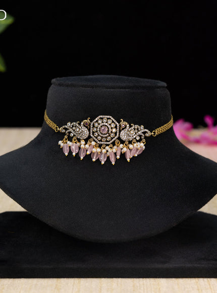 Choker peacock design with baby pink & cz stones and beads hangings in victorian finish