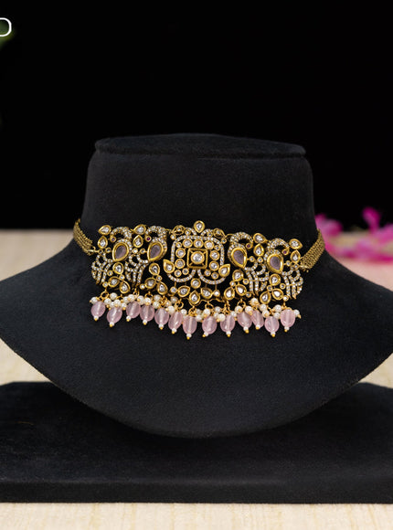 Choker with baby pink & cz stones and beads hangings in victorian finish