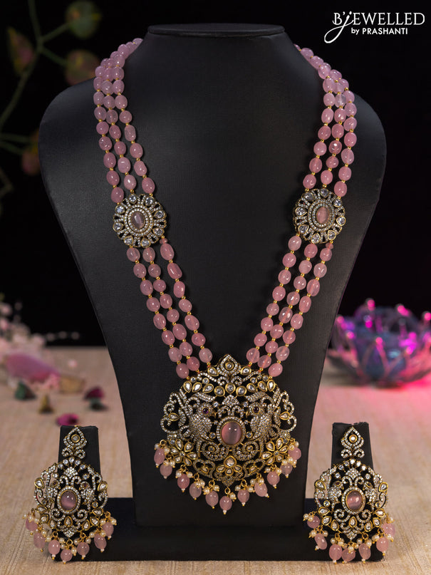 Beaded baby pink necklace parrot design with cz stones and beads hanging in victorian finish