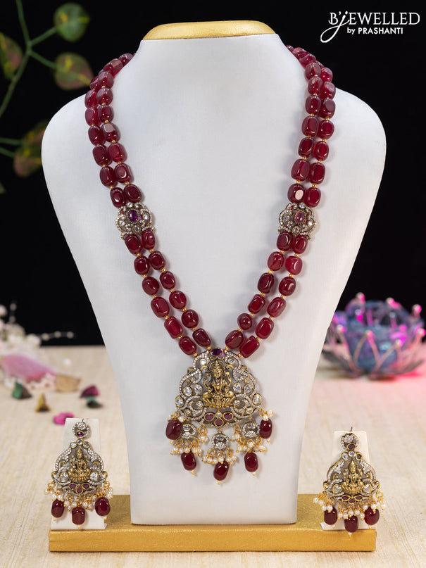 Beaded maroon necklace ruby & cz stones with lakshmi pendant and beads hanging in victorian finish