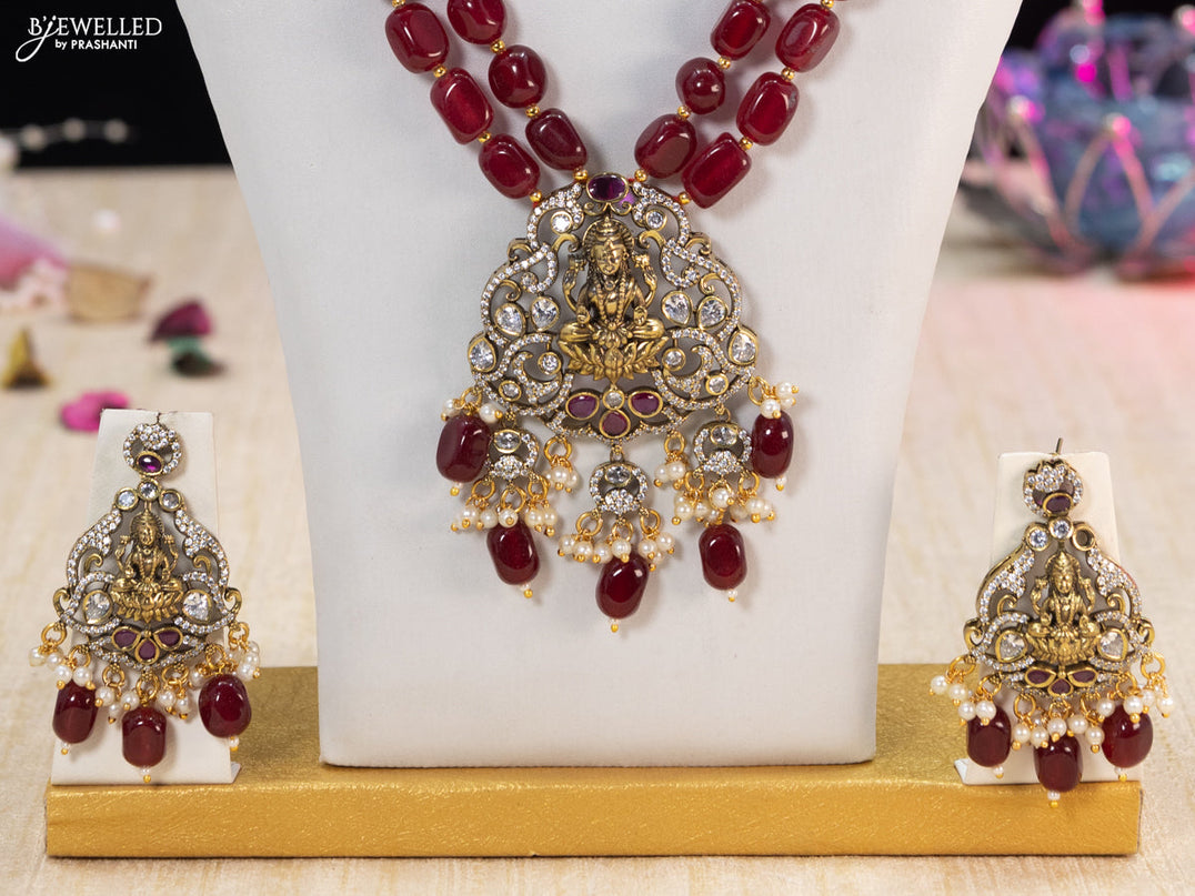 Beaded maroon necklace ruby & cz stones with lakshmi pendant and beads hanging in victorian finish