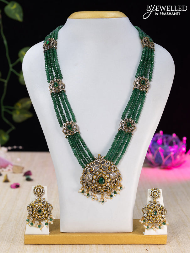 Beaded green necklace swan design with emerald & cz stones and beads hangings in victorian finish