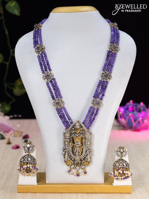 Beaded violet necklace cz stones with tirupati balaji pendant and beads hangings in victorian finish