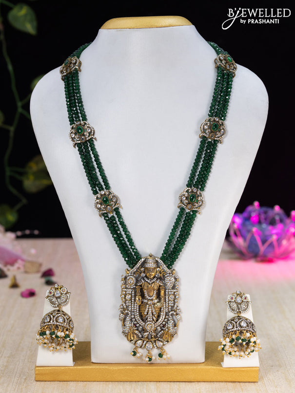 Beaded green necklace cz stones with tirupati balaji pendant and beads hangings in victorian finish