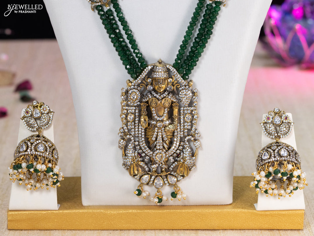 Beaded green necklace cz stones with tirupati balaji pendant and beads hangings in victorian finish