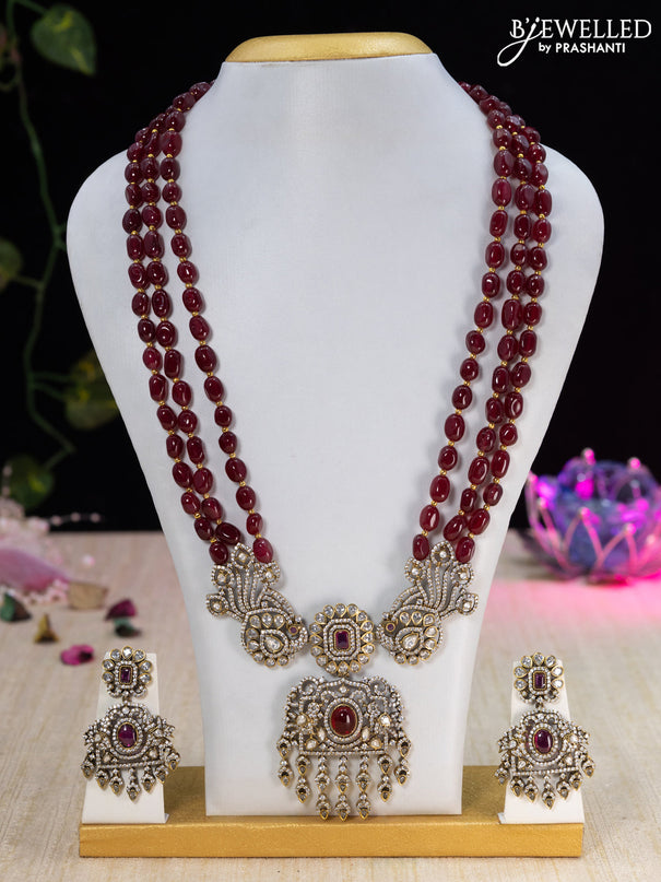 Beaded maroon necklace with ruby & cz stones and beads hangings in victorian finish