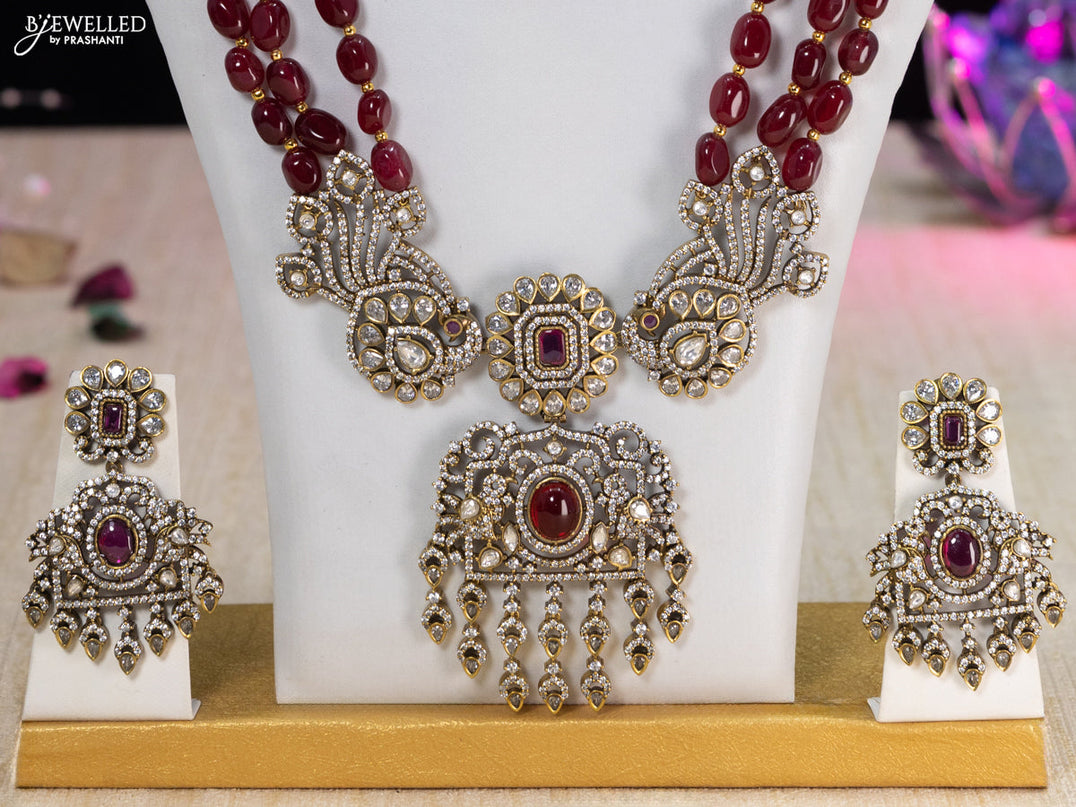 Beaded maroon necklace with ruby & cz stones and beads hangings in victorian finish