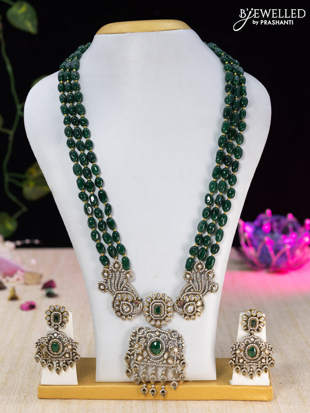 Beaded green necklace with emerald & cz stones and beads hangings in victorian finish