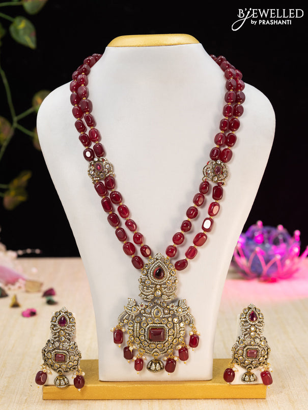 Beaded maroon necklace with ruby & cz stones and beads hangings in victorian finish