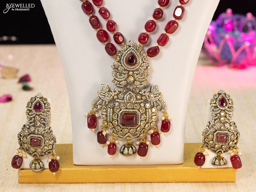 Beaded maroon necklace with ruby & cz stones and beads hangings in victorian finish