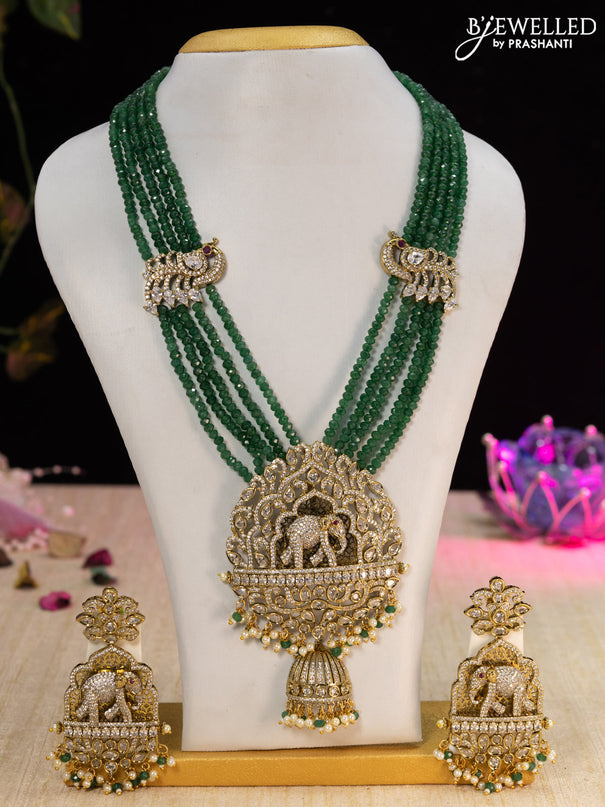 Beaded green necklace cz stones with elephant pendant and beads hangings in victorian finish