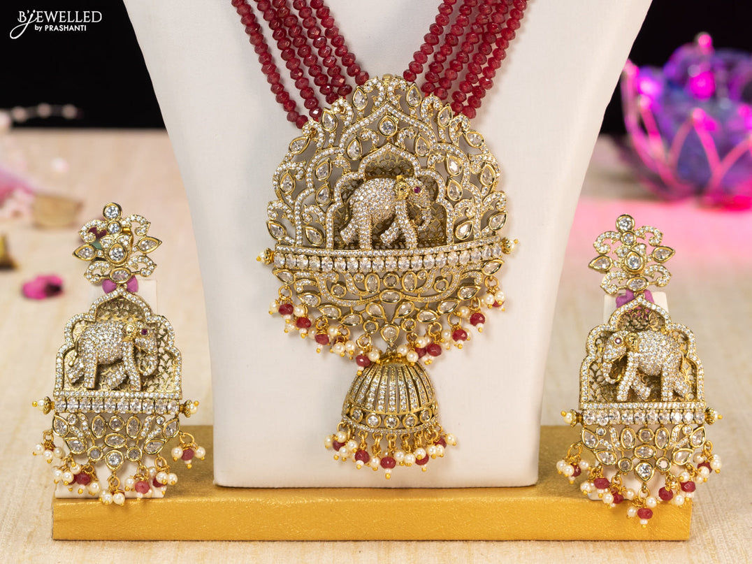 Beaded maroon necklace ruby & cz stones with elephant pendant and beads hangings in victorian finish