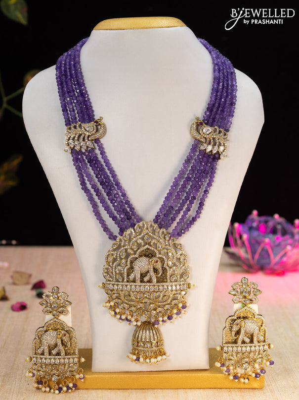 Beaded violet necklace cz stones with elephant pendant and beads hangings in victorian finish