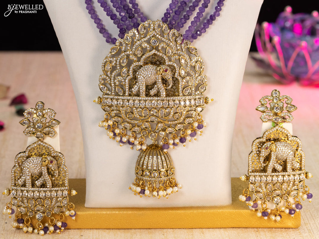 Beaded violet necklace cz stones with elephant pendant and beads hangings in victorian finish