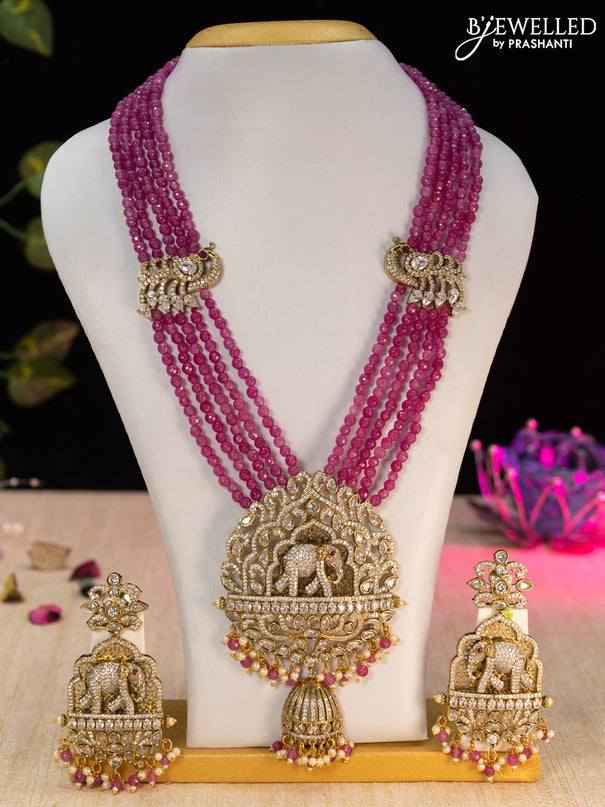 Beaded pink necklace cz stones with elephant pendant and beads hangings in victorian finish