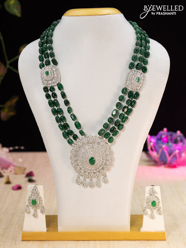 Beaded green necklace with emerald & cz stones and beads hangings in silver finish