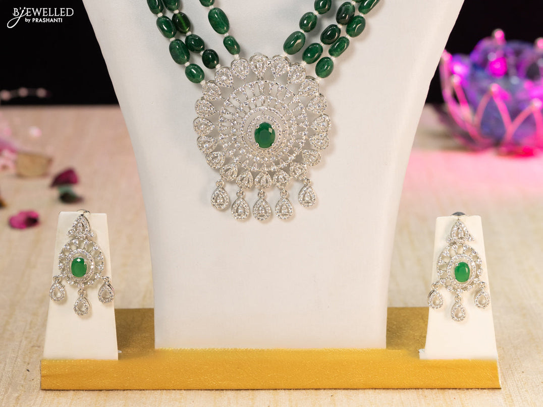 Beaded green necklace with emerald & cz stones and beads hangings in silver finish