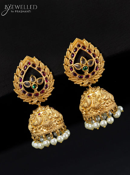 Antique jhumka with kemp & cz stones and pearl hangings