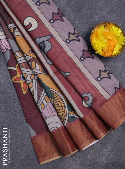 Semi matka saree brown and grey shade with allover kalamkari prints and zari woven border