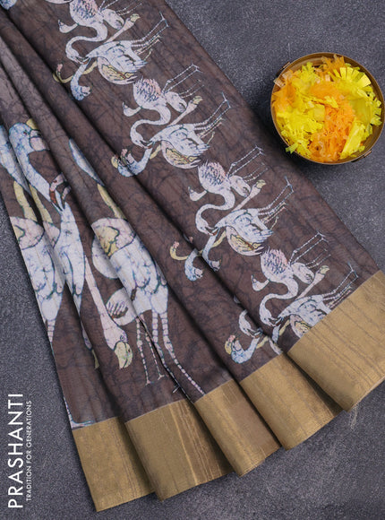 Semi matka saree grey shade with swaan prints and zari woven border