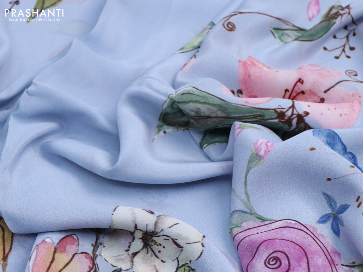 Pure crepe silk saree pastel blue with allover floral digital prints in borderless style